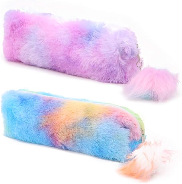 2Pcs Plush Rainbow Pencil Case Fluffy Pencil Bag Pink Soft Makeup Pouch Cosmetic Bag with Pompom Ball for Kids School Study Gift