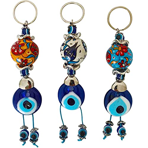 Erbulus Turkish Blue Evil Eye Keychain Amulet â€“ Set of 3 Charm in a Box - Gift for Women or Men (Blue Tulip-Evil Eye-Red Tulip)