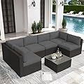 Crownland 7-Piece Outdoor Patio Furniture Sets, All-Weather Black Wicker Rattan Sectional Sofa, Modern Glass Coffee Table and Washable Seat Cushion with YKK Zipper (Grey)