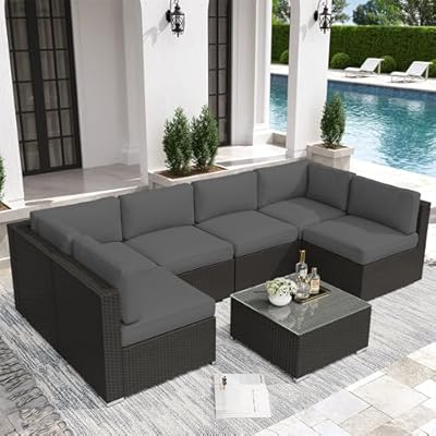 Crownland 7-Piece Outdoor Patio Furniture Sets, All-Weather Black Wicker Rattan Sectional Sofa, Modern Glass Coffee Table and Washable Seat Cushion with YKK Zipper (Grey)