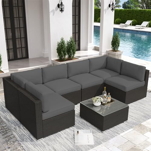 Crownland 7-Piece Outdoor Patio Furniture Sets, All-Weather Black Wicker Rattan Sectional Sofa, Modern Glass Coffee Table and Washable Seat Cushion with YKK Zipper (Grey)