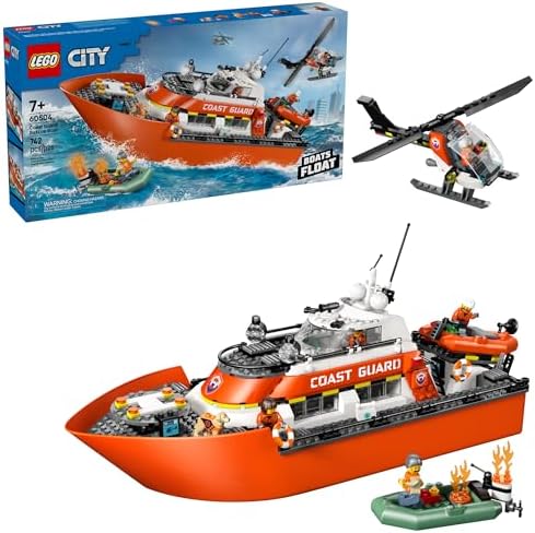 LEGO City Coast Guard Rescue Boat & Helicopter Building Toys - Kids Pretend Play Set for Boys & Girls, Ages 7+ - W/2 Rescue Boat Toys, 5 Minifigures & Dog Figure - Gift Idea for Birthdays - 60504
