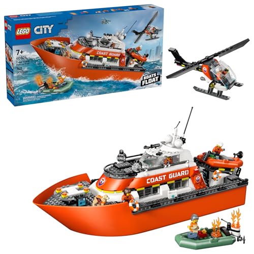 LEGO City Coast Guard Rescue Boat & Helicopter Building Toys - Kids Pretend Play Set for Boys & Girls, Ages 7+ - W/2 Rescue Boat Toys, 5 Minifigures & Dog Figure - Gift Idea for Birthdays - 60504