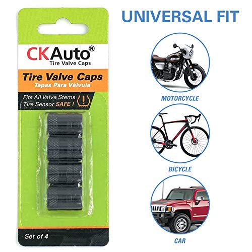 Image of CKAuto Tire Valve Stem Caps, Anodized Aluminum Tire Valve Cap Set, Corrosion Resistant, Universal Stem Covers for Cars Trucks Motorcycles SUVs and Bikes (Black-US)