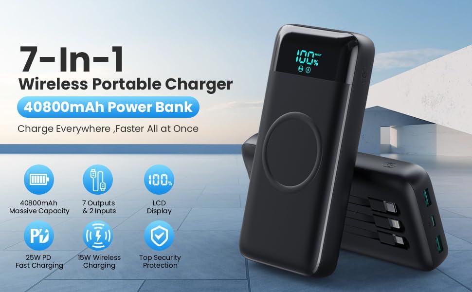 Miniatura 8 de Cargador portátil inalámbrico de 40800 mAh para iPhone con 3 cables integrados, 7 en 1 de 15 W, cargador de batería USB C, pantalla LCD de 25 W, PD