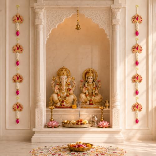 Image of JH Gallery Lotus Bud Tassel Hanging for Ganpati Decoration Setup for Home - Handmade Ganesh Chaturthi Backdrop, Pooja Room, Mandir & Main Door Toran (13 Inch, Pack of 10)