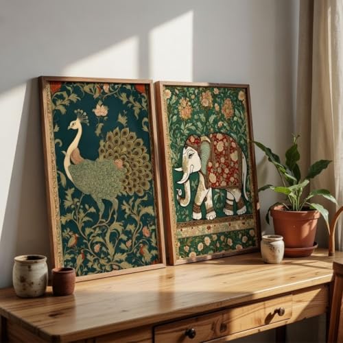 Image of Livin'luxe Set of 2 Peacock and Elephant Wall Art Premium MDF Wooden color Color Framed HD Sparkle Lamination Printed Traditional Indian Painting for Living Room Bedroom Home Decor