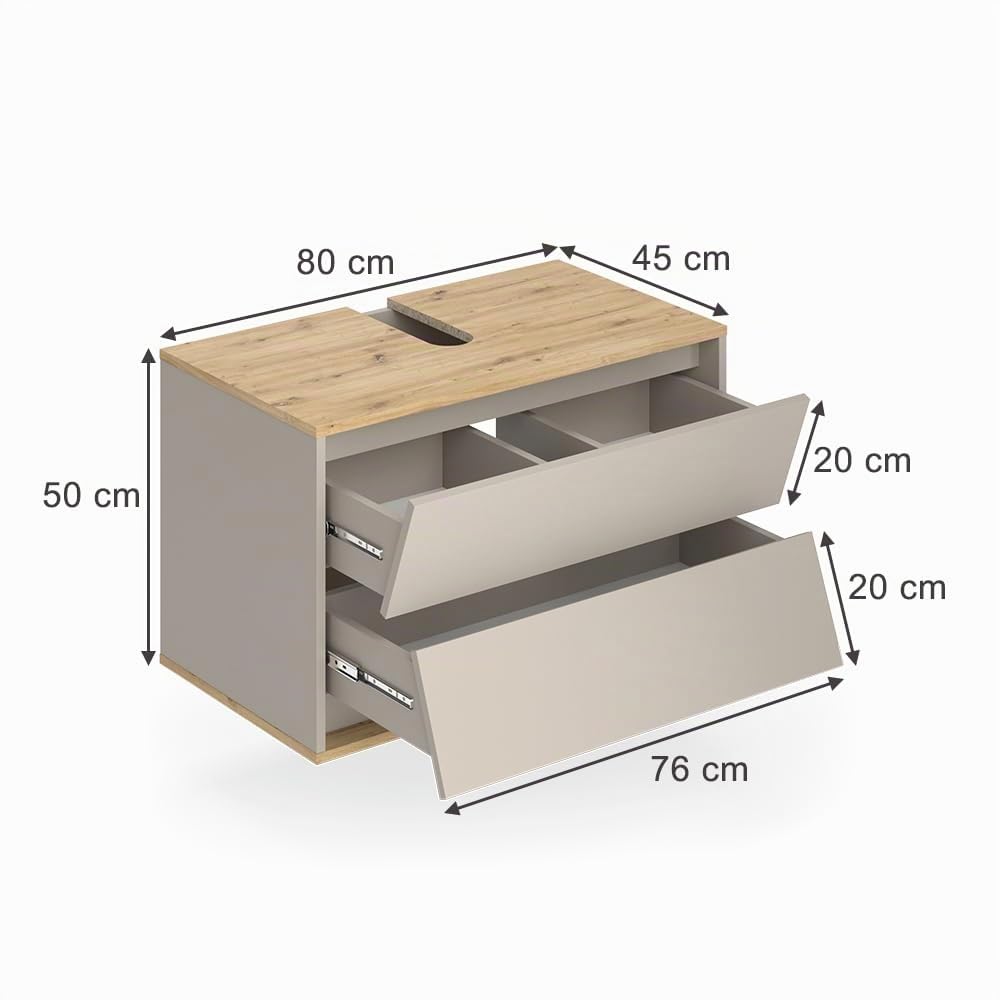 Vicco Mueble bajo Lavabo Edelin, Cachemira, 80 x 50 cm | con 2 cajones, para montaje en pared y apto para sifones estándar