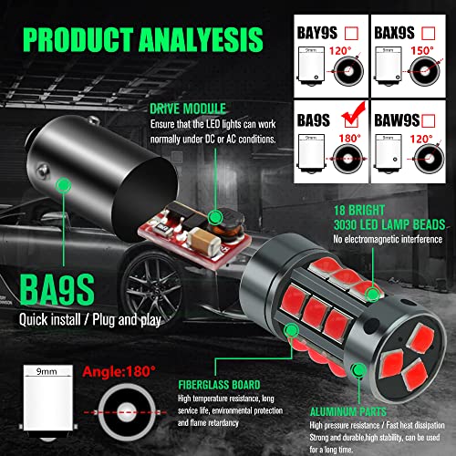 Yeoro 2Pcs Ac/Dc 9-36V Ba9S Led Bulbs White,600Lm Ba9 Ba9S 53 57 1895 64111Led Car Ligh Bulbs Super Bright 3030 18-Smd Chips For Car Interior Dome Map License Plate Glove Box Light. (Ba9/Ba9S, Red) #TOP4