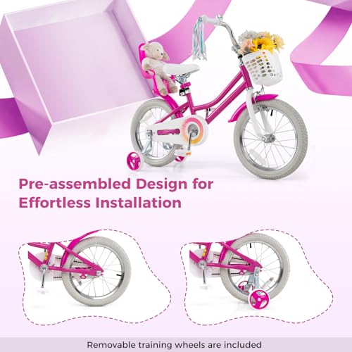 Image of BABY JOY Girls Bike with Streamers & Doll-Seat, Kids Bike for 3-8 Years Old | 12 14 16 18 20 Inch Children Bicycle w /Detachable Training Wheels or Kickstand, Storage Basket, Adjustable Seat and Handlebar