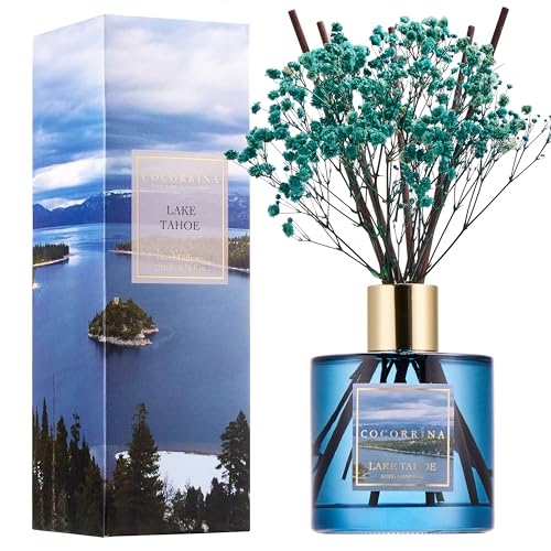 COCORRÍNA Reed Diffuser - Lake Tahoe 6.7 Fl.oz Reed Diffuser Set with 8 Sticks & Preserved Baby's Breath, Reed Diffuser for Home Bathroom Shelf Decor (Vista Tales Collection)