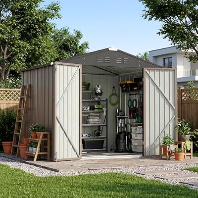 Devoko 8 x 6 FT Storage Sheds with Floor Frame, Waterproof Garden Tool Shed with Lockable Door, Outdoor Metal Utility Shed for Backyard Patio Lawn, Brown