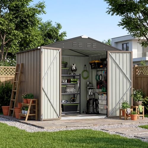 Image of Devoko 8 x 6 FT Storage Sheds with Floor Frame, Waterproof Garden Tool Shed with Lockable Door, Outdoor Metal Utility Shed for Backyard Patio Lawn, Brown