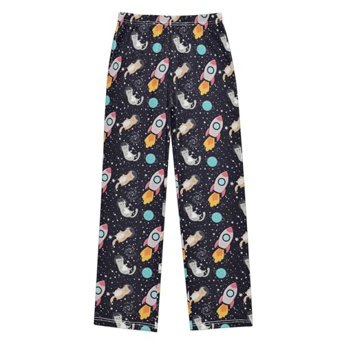 ZZXXB Space Cat Rocket Boys Long Pants Soft Trousers Elastic Waist Kids Lounge Bottoms with Pockets S-XL
