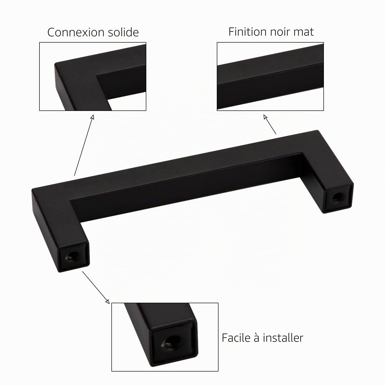 LONTAN Lot de 10 poignées d'armoire Noir Espacement des trous : 128 mm Pour armoires de cuisine et meubles de cuisine