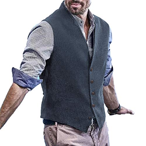 Chaleco para hombre, estilo vintage, ajustado, de lana, con patrón de espiga, para boda Marina ligera. L Cover
