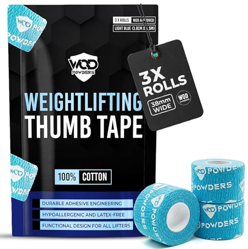 WOD Powders Thumb Tape Weightlifting (3 Rolls) | Super Sticky & Stretchy Weightlifting Tape for CrossFit & Olympic Lifting | Easily Tearable - Made for Lifters & Athletes (Light Blue 3.8cm x 4.5m)