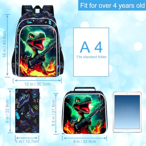 Image of 16 inch Dinosaur Backpack for Boy, 3Pcs Bookbag for Elementary Preschool Kindergarten, Kids School Backpacks with Lunch Box (Black)