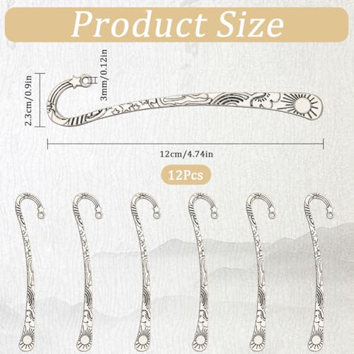 SUNNYCLUE 1 Box 12Pcs Antique Silver Bookmarks Metal Bookmark Tibetan Style Carved Hook Book Markers with Loop Retro Embossed Book Mark Vintage Bookmarks for Book Lovers Men Women DIY jewellery Making - Image 2