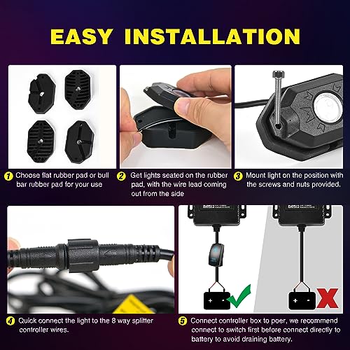 Image of Nilight RGB LED Rock Lights Kit, 6 pods Underglow Multicolor Neon Pod with Bluetooth App Control Flashing Music Mode IP68 Exterior Wheel Well Light for Truck ATV UTV RZR SUV