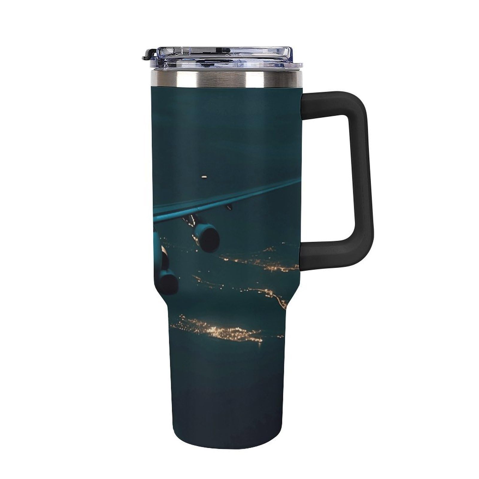Autobecher aus 304 Edelstahl, 1,2 l, Flugzeug fliegt bei Nacht, Becher mit Strohhalm und auslaufsicherem Deckel – großes Fassungsvermögen, vakuumisolierter Reisebecher für Auto-Becherhalter