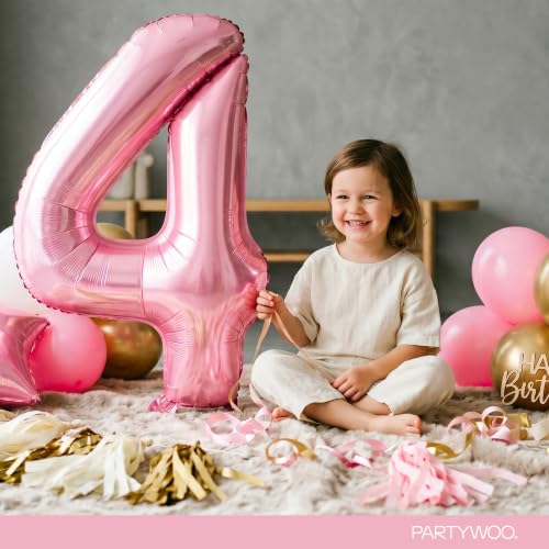Image of PartyWoo Baby Pink Number 4 Balloon 40 Inch 25pcs Pink Foil Star White Gold
