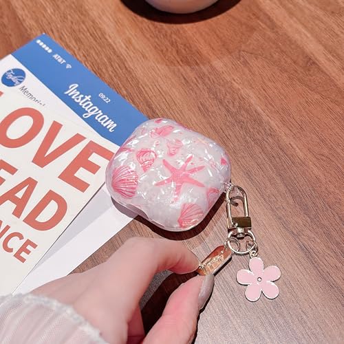 Image of MINSCOSE for AirPods 4 Clear Case,Cute Glitter Seashell and Starfish Pattern Design with Folral Keychain,Soft TPU Protective Cover for Girls Women for AirPods 4-Pink