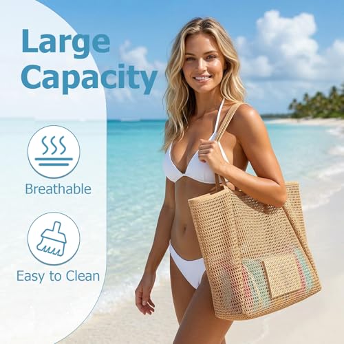 Image of Iioscre Beach Bag for Women, Causal Hobo Bag with Zipper Inner Pocket, Foldable Mesh Dive Duffle Bag for Vacation Essentials