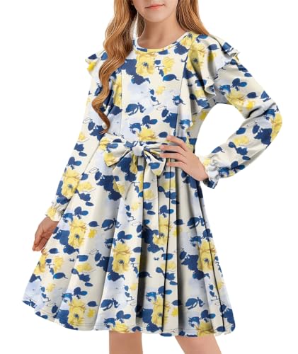 Yoklass Girls Dress Long Sleeve Ruffle Elegant Flowy Swing Dresses with Belt 4-13 Years2