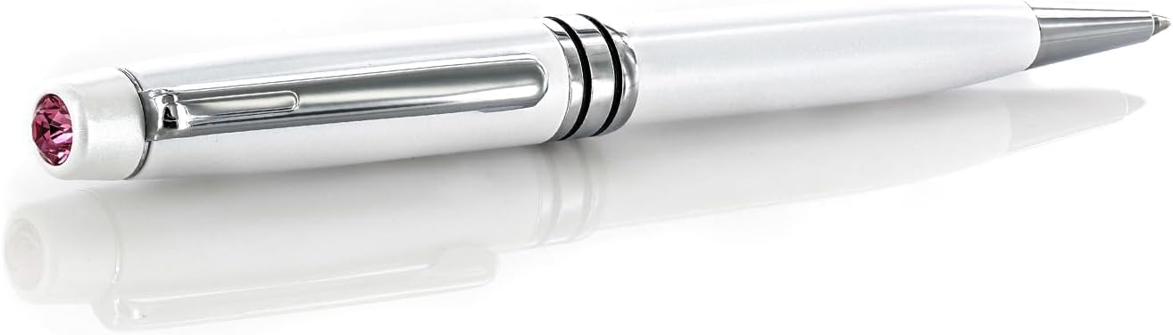 Baron-Jewelry Luxurious glossy ballpoint pen enriched with 6mm crystal at the tip. Top-grade metal plating with a sturdy clip. Measures 5 ¼” long. (Black with pink crystal.)