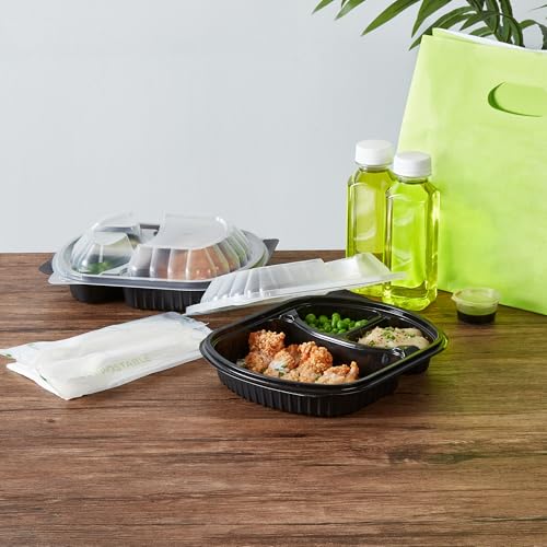 Image of Restaurantware-RW Base 27 Ounce Meal Prep Containers, 100 Microwavable To Go Containers With Lids - 3 Compartments, Disposable, Black Plastic Oval Food Containers, For Hot And Cold Food, Freezable