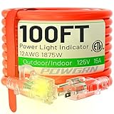100 ft 12/3 Outdoor Extension Cord Waterproof Heavy Duty with Lighted Indicator End 12 Gauge 3 Prong