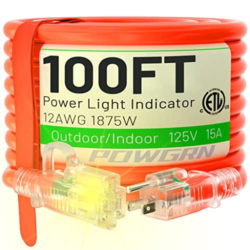 100 Ft 12/3 Outdoor Extension Cord Waterproof Heavy Duty With Lighted Indicator End 12 Gauge 3 Prong, Flexible Cold-Resistant Long Power Cord Outside, 15Amp 1875W Sjtw Orange Etl Listed Powgrn #TOP9