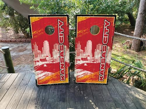 Pair of Waterproof Cornhole Board Wraps- Decals ONLY- Kansas City Sports Colors (Skyline/Cityscape) - Laminated - Easy to Apply