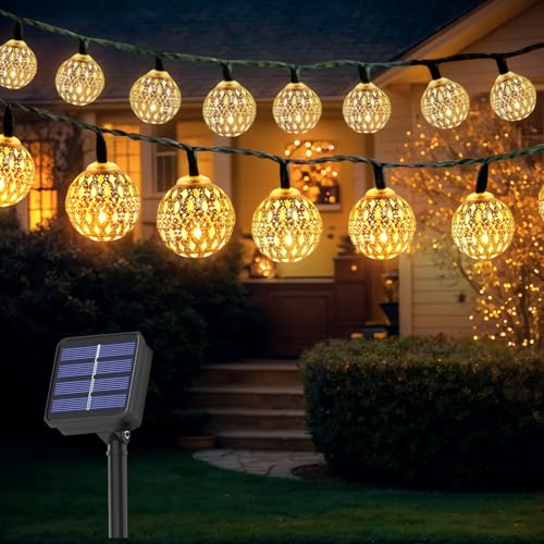 AONAT 7 m 50 LED Guirlande lumineuse LED marocaine, Solaire Guirlande Lumineuse Exterieure, IP65 étanches 8 Modes de Lumière, lumineuses solaire, pour Jardin, Terrasse, Mariage et Fête（Blanc chaud）