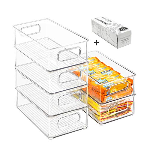 Stackable Refrigerator Organizer Bins, 6 Pack Clear Kitchen Organizer Container Bins with Handles and 20 PCS Plastic Bags for Pantry, Cabinets, Shelves, Drawer, Freezer – Food Safe, BPA Free 10″L