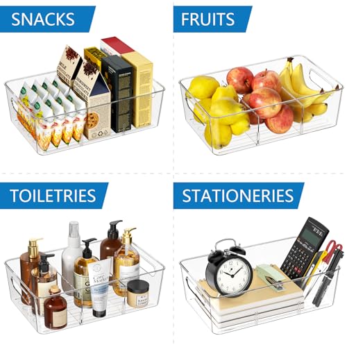 Mpotmiy 6 Pack Pantry Organizers and Storage,Clear Plastic Containers with 2 Dividers for Kitchen,Fridge Organization and Storage,Acrylic Bins for Pounches,Spice Packet,Snack organzier