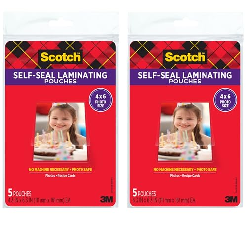 Image of Scotch Self-Sealing Laminating Pouches, Photo Size (4-3 /8 inch x 6-3 /8 inch), Glossy, 10-Pack (2 Packs of 5)