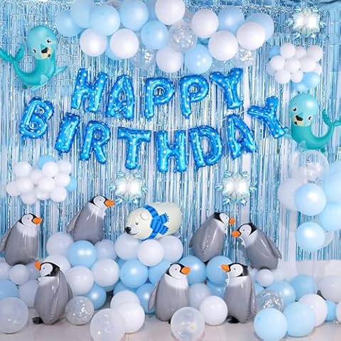 GoGoGoodie Frozen Penguin Theme Birthday Party Decorations Supplies for Kids, Light Blue and White Winter Wonderlan Snowflake Foil Balloons Garland Arch Kit for Room Outside Backdrop. Cover
