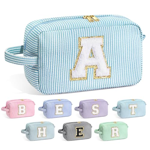 Image of YOOLIFE Gifts for Women Teen Girls - Initial Makeup Bag Cosmetic Bag Toiletry Pouch, Personalized Birthday Gifts for Women Girls Mom Daughter Sister Friends, Light Blue A