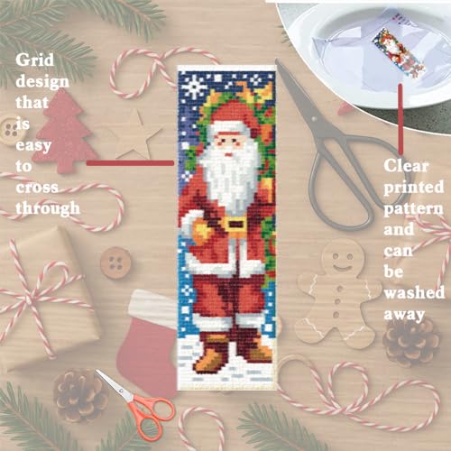 Image of FREEBLOSS 6 Set Christmas Cross Stitch Bookmark Kit for Adult Beginners Snowman Santa Claus Stamped Cross Stitch Kits Bookmarks Embroidery Kit with Instructions for Gift 11CT 8 inchx2.4 inch
