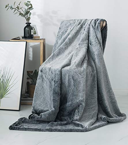 Double Sided Faux Fur Throw Blanket Silky Soft Oversized Afghan Machine Washable, Grey Striped Mink Chinchilla Shadow Fox (Black Forest, 55Wx70L) #TOP3