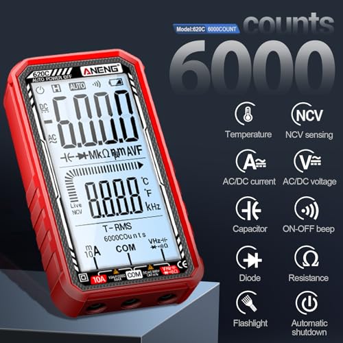 Image of Digital Multimeter Tester, Smart Multimeter with Auto Ranging Digital Voltmeter Measures Voltage Current Resistance Continuity Capacitance Temperature for Electricians,DIY (620C Red)