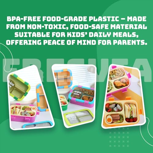 Image of Lunch Box for Kids Girls Boys, Toddler Kids Lunch Boxes for School, Lunch Containers for Adults with 3 Compartments, Utensils, Food Picks (Green, 700 Ml)