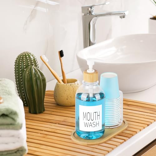 Image of Mouthwash Dispenser with Cup Holder, Plastic Mouth Wash Pump Bottle with Tray for Bathroom Organizers, 17oz Refillable Clear Mouthwash Container - Bamboo