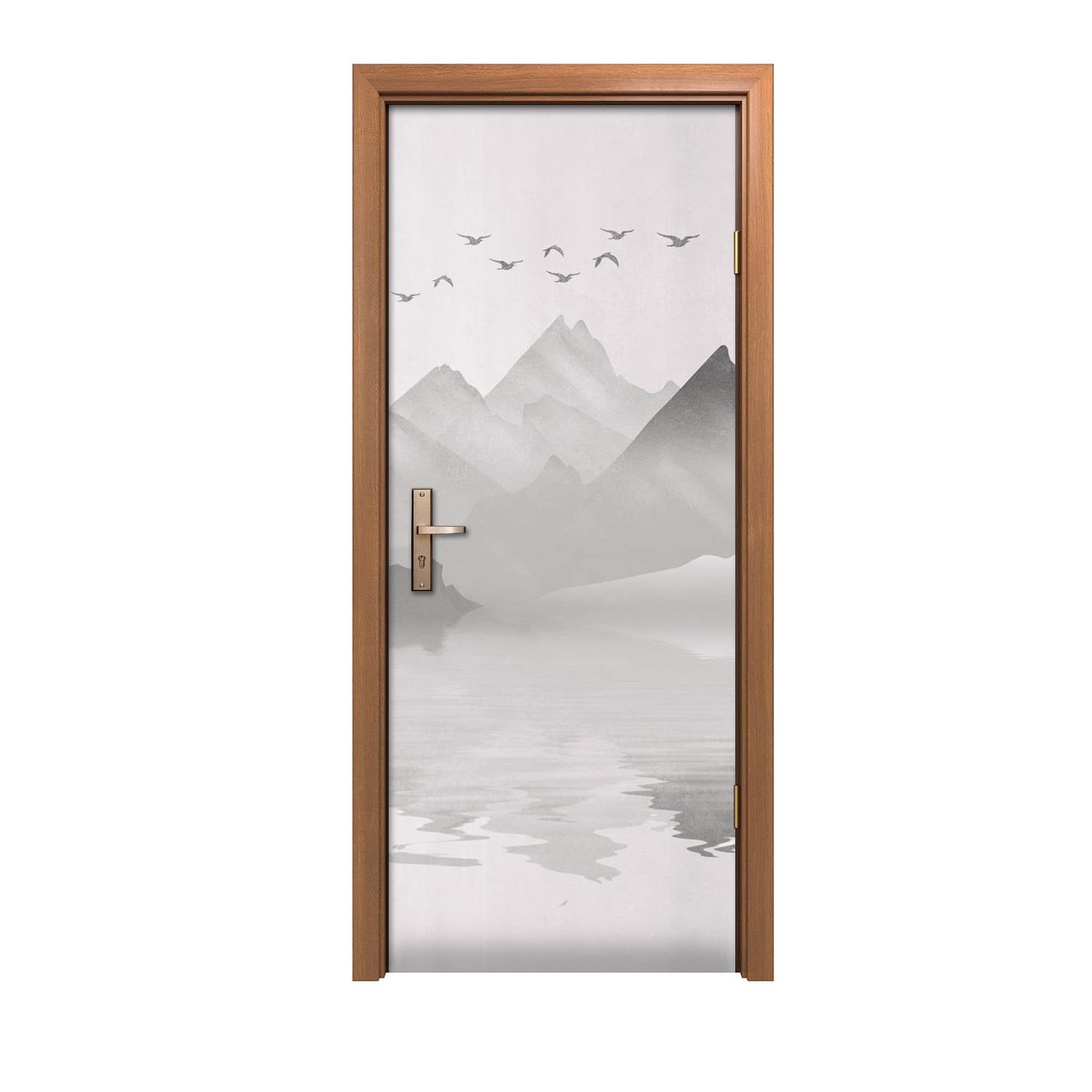 Autocollant de porte 90x200cm sticker mural trompe l'oeil oiseaux lac et montagnes