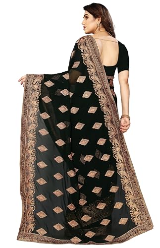 Image of B BELLA CREATION Women's Maroon Georgette Saree with Heavy Golden Embroidery Work & Unstitched Blouse Piece