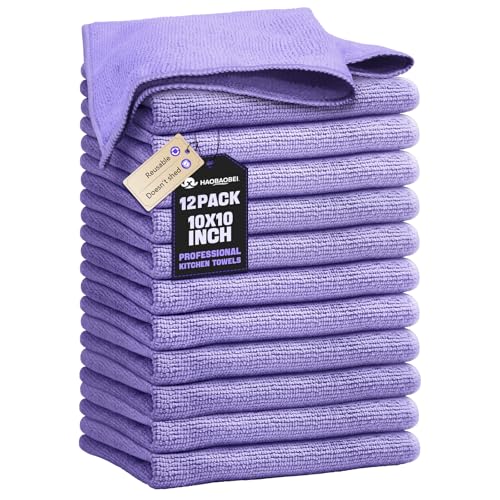 HAOBAOBEI Kitchen Dish Cloths, 12 Pack, 10 x 10 Inches, Coral Velvet Kitchen Towels, Soft Lint Free Reusable Dish Cloths for Dishes, Tables and Household Cleaning, Purple