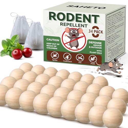 Rodent Repellent 34 Balls, Peppermint Oil Mouse Repellent Indoor & Outdoor Use, Natural Moth Balls for Rodent Mice Repellent for Home, Garage, Car, RV & Garden