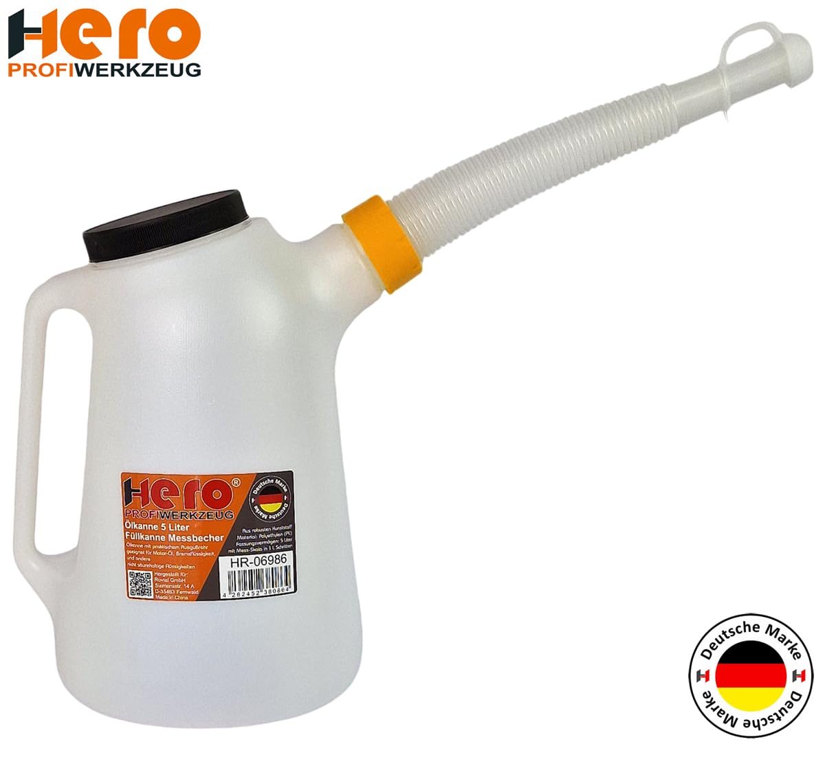 HERO Ölkannen Füllkanne Messkanne SET 1L + 3L + 5L Messbecher mit flexiblem Ausgussstutzen und Deckel Wasser Kanne Auto Ölwechsel Kfz